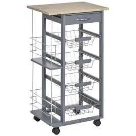 Multi-Use Kitchen Island Trolley w/ 4 Baskets 2 Side Racks 4 Wheels Food Storage Smooth Rolling Compact Furniture Dark Grey