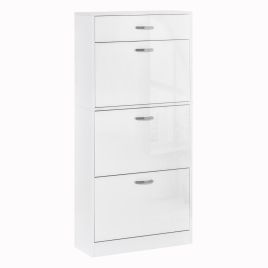 Shoe Cabinet with 4 Drawers Storage High Gloss Cupboard with Flip Doors Pull Down Furniture Unit with Adjustable Shelves for 18 Pairs White