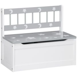 2-IN-1 Wooden Toy Box, Kids Storage Bench Toy Chest with Safety Pneumatic Rod, Star & Moon Pattern, Grey