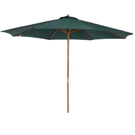 3(m) Wooden Patio Umbrella, Pulley Operated Garden Parasol with Rope Pulley Mechanism and 8 Ribs, Dark Green