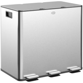 HERON 3 x 15L Pedal Bin, Steel Triple Kitchen Bin with Soft Close Lid, Removable Inner Buckets, Fingerprint-Proof, Silver