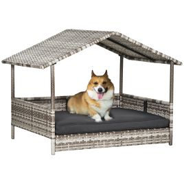PAWSTER Wicker Dog House, Rattan Pet Bed, with Removable Cushion, Canopy, for Small and Medium Dogs - Dark Grey