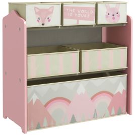 ZONEKIZ Kids Storage Units with 6 Fabric Bins, Childrens Toy Storage Organiser for Bedroom, Nursery, 63 x 30 x 66cm, Pink