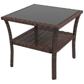 50cm Outdoor PE Rattan Coffee Table, Patio Wicker Two-tier Side Table with Glass Top, for Patio, Garden, Balcony, Brown