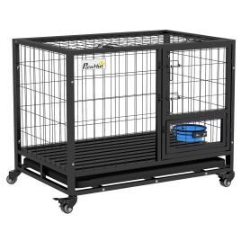 Heavy Duty Dog Crate on Wheels w/ Bowl Holder, Removable Tray, Detachable Top, Double Doors for L, XL Dogs