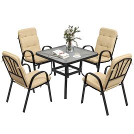 5 Pieces Outdoor Square Garden Dining Set w/ Tempered Glass Dining Table 4 Cushioned Armchairs, Umbrella Hole, Beige