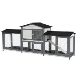 PAWSTER 2-Tier Large Rabbit Hutch Outdoor with Double Side Run Boxes, No-leak Plastic Tray, Ramp, 230 x 53 x 93.5cm, Light Grey