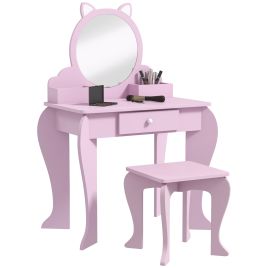 ZONEKIZ Kids Vanity Table with Mirror and Stool, Cat Design, Drawer, Storage Boxes, for 3-6 Years Old - Pink
