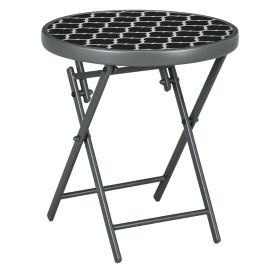 Φ45cm Outdoor Side Table, Round Folding Patio Table with Imitation Marble Glass Top, Small Coffee Table, Black