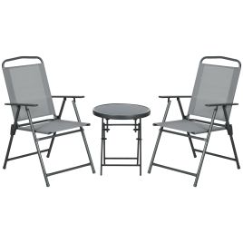 3 Pcs Garden Table and Chairs, Outdoor Bistro Set, Patio Conversation Furniture Set w/ Foldable Armchairs, Glass Top Coffee Table, Light Grey