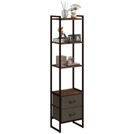 Industrial Bookcase 4-Tier Storage Shelf with 2 Fabric Drawers and Metal Frame for Living Room, Bedroom, Rustic Brown