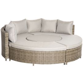 8-Seater Outdoor PE Rattan Patio Furniture Set Lounge Chair Round Daybed Liftable Coffee Table Conversation Set with Olefin Cushion