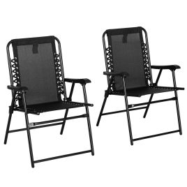 2 Pcs Patio Folding Chair Set, Outdoor Portable Loungers for Camping Pool Beach Deck, Lawn w/ Armrest Steel Frame Black