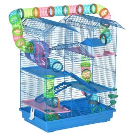 5 Tier Hamster Cage Carrier Habitat with Exercise Wheels Tunnel Tube Water Bottle Dishes House Ladder for Dwarf Mice, Blue