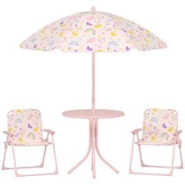 AIVAGO 4 Pieces Kids Garden Table and Chair Set with Adjustable Parasol, Folding Chairs, Table, Rainbow Pattern, Pink