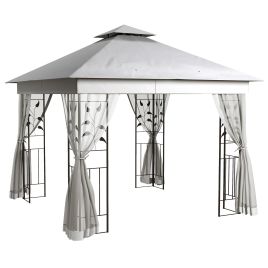3(m) x 3(m) Double Roof Outdoor Garden Gazebo Canopy Shelter with Netting, Solid Steel Frame, Light Grey