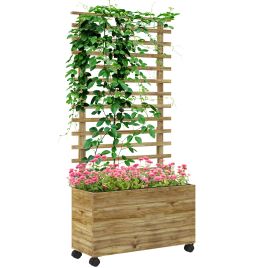 Wooden Garden Raised Bed with Trellis, Planter Box with 4 Wheels for Climbing Plants, 76x30x155cm, Natural