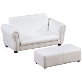 2 Seater Toddler Childrens Kids Twin Sofa Couch with Footstool - White