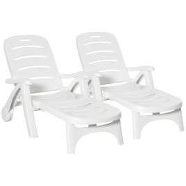 2PCs Outdoor Folding Sun Lounger Recliner on Wheels w/ 5-Position Backrest, White