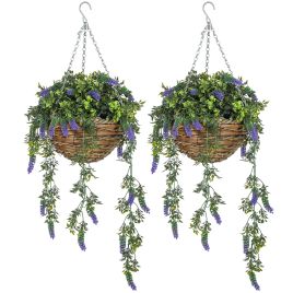 HERON Set of 2 Decorative Artificial Plants, Faux Silk Lavender Flowers in Hanging Baskets, Fake Plants for Home Indoor Outdoor Decor, Purple
