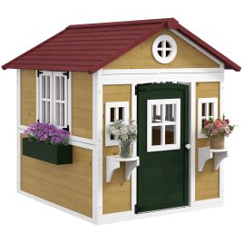 SUNVISTA Wooden Playhouse with Doors, Windows, Plant Pots, Boxes, for 3-8 Years - Beige