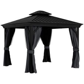 3 x 3.7m Outdoor Hardtop Gazebo Canopy Aluminum Frame with 2-Tier Roof & Mesh Netting Sidewalls for Patio, Dark Grey