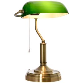 Banker's Table Lamp Desk Lamp with Antique Bronze Base, Green Glass Shade and Pull Rope Switch for Home Office, Living Room,Dining Room
