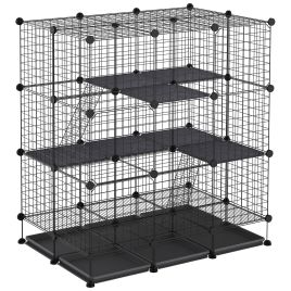 3 Level DIY Pet Playpen Metal Small Animal Cage Guinea Pig Rabbit Ferret Chinchillas Cage 4 Doors Bottom Trays Black