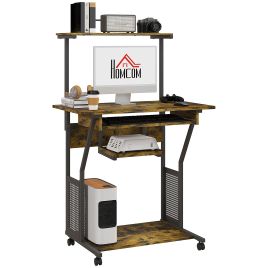 Scott Mobile Computer Desk with Storage Shelves and Wheels - Rustic Brown