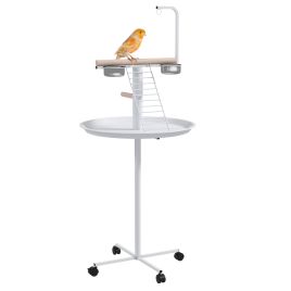 Bird Stand with Four Wheels, Perches, Stainless Steel Feed Bows, Round Tray, for Garden, Indoor, Outdoor - White