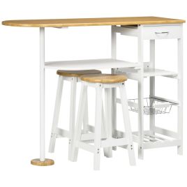 3 Piece Bar Table Set, Breakfast Bar table and Stools with Storage Shelf, Drawer, Wire Basket and Wine Rack for Kitchen, Natural and White