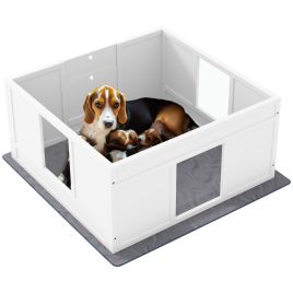 PAWSTER Whelping Box for Dogs with Whelping Pad, Adjustable Entrance, Non-slip Foot Pads, for Medium Dogs, 100 x 96cm