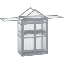 3-Tier Wooden Cold Frame Greenhouse Garden Polycarbonate Grow House w/ Adjustable Shelves, Double Doors, 80 x 47 x 138cm, Grey