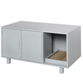 Wooden Cat Litter Box Enclosure & House with Nightstand/End Table Design, Scratcher, & Magnetic Doors, Grey