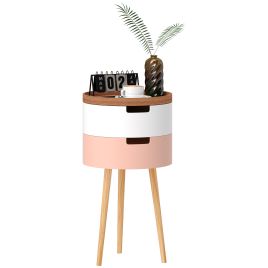Side Table - Round Living Room End Table with 2 Hidden Storage and Detachable Top Tray Natural