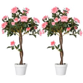 Set of 2 Artificial Plants Pink Rose Floral in Pot, Fake Plants for Home Indoor Outdoor Decor, 90cm