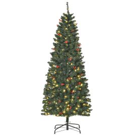 Debbie 6FT Prelit Artificial Pencil Christmas Tree with Warm White LED Light, Red Berry, Holiday Home Xmas Decoration - Green