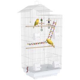 PAWSTER Bird Cage for Budgies, Finches, Canaries w/ Accessories, Toys, Tray, White