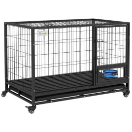 48" Heavy Duty Dog Crate on Wheels w/ Bowl Holder, Removable Tray, Detachable Top, Double Doors for L, XL Dogs