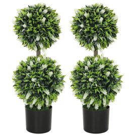 HERON Set of 2 Decorative Artificial Plants Ball Trees with Lavender Flowers in Pot Fake Plants for Home Indoor Outdoor Decor, 70cm, White