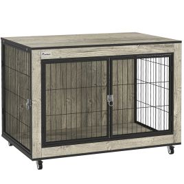 PAWSTER Dog Crate Furniture with Wheels, Double Doors, for Medium Dogs, 80 x 56 x 62.5cm, Grey