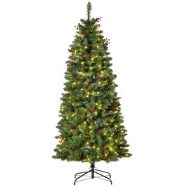 Debbie 5FT Prelit Artificial Pencil Christmas Tree with Warm White LED Light Red Berry Holiday Home Xmas Decoration Green