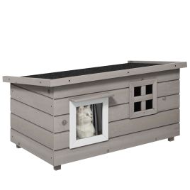 PAWSTER Wooden Outdoor Cat House, Elevated Cat Shelter Kennel, Pet Play House with Openable Top, Asphalt Roof, Window, Grey