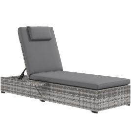 Patio PE Rattan Lounger w/ Cushion, 5-Level Reclining Wicker Rattan Sun Lounger w/ Tea Tray, for Poolside, 120kg Weight Capacity, Grey