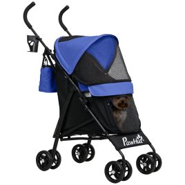 PAWSTER Umbrella Structure Dog Stroller, Lightweight & Portable Dog Pram w/ Shoulder Strap, Storage Bag & Cup Holder, Dark Blue