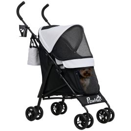 PAWSTER Umbrella Structure Dog Stroller, Lightweight & Portable Dog Pram w/ Shoulder Strap, Storage Bag & Cup Holder, Light Grey