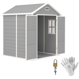 SUNVISTA 6 x 5ft Garden Shed, Plastic Shed with Floor, Window, Lockable Doors and Vents, Wood Effect Resin Tool Shed for Outdoor Patio, Dark Grey