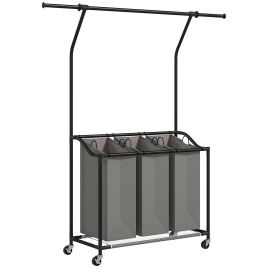 HERON 3x 42L Laundry Basket Unit, with Hanging Rail - Black/Grey