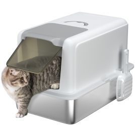 PAWSTER Stainless Steel Cat Litter Box with Removable Lid, Scoop, Filter Bags, for Larger Cats, White