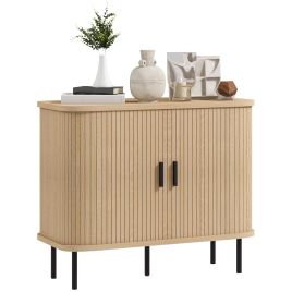 HERON Mid-Century Modern Sideboard Storage Cabinet with Slatted Tambour Sliding Doors, Kitchen Cabinet with Steel Legs, Oak Tone